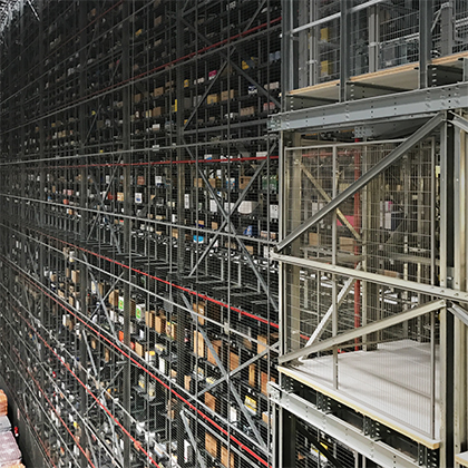 Pallets racks in an automated warehouse guarded with Troax anti-collapse system.
