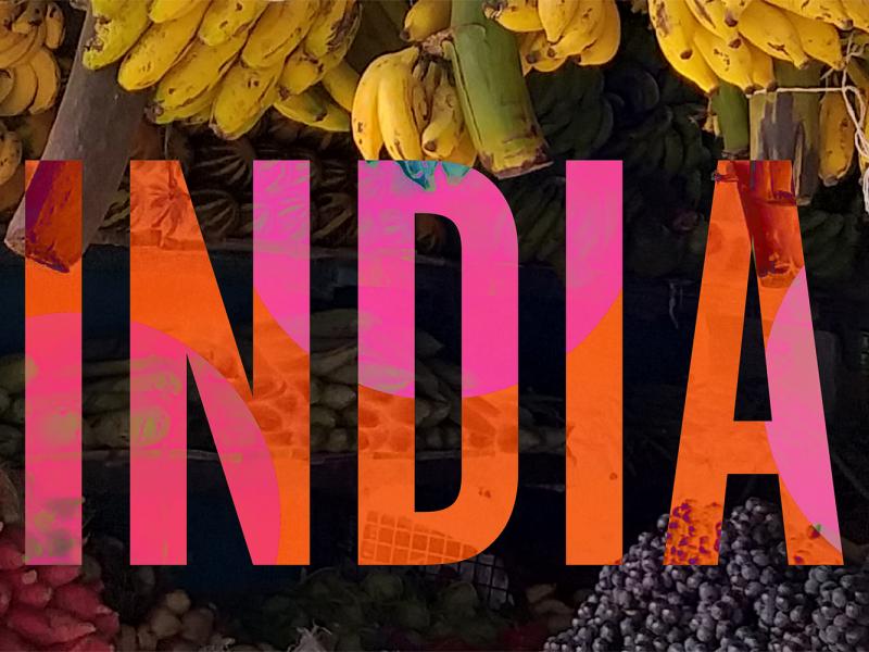 Indian fruit stand with bananas, cauliflower and grapes.